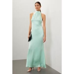 LAPOINTE Metallic Mint Green Halter Neckline Backless Satin Gown Dress Size 4